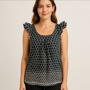 Elle Black White Summer Romantic Goth Ruffle Lined Blouse Womens Sz Med